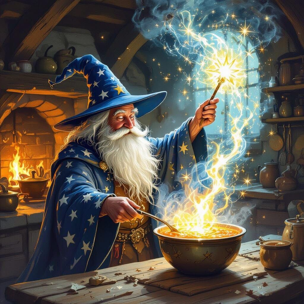 Whimsical Wizard Conjures Soup in Hearthlit Kitchen