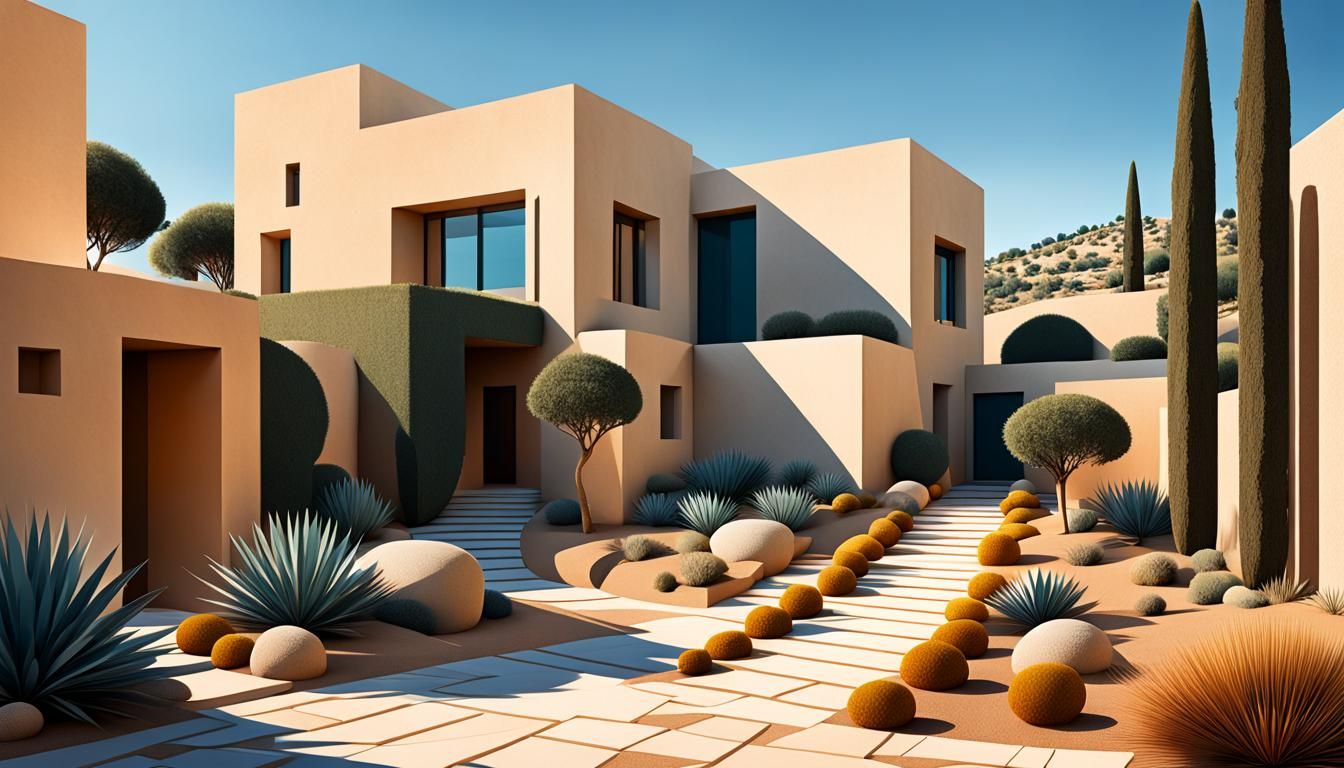 Abstract Mediterranean Landscape with Geometric Forms