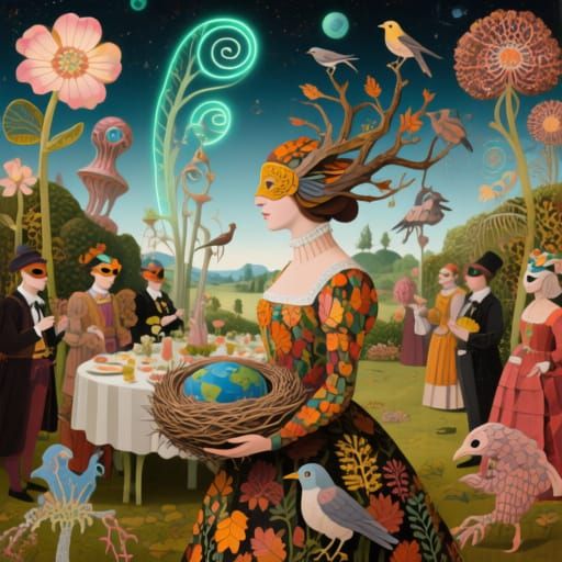 Surreal Garden Party with Bioluminescent Flowers