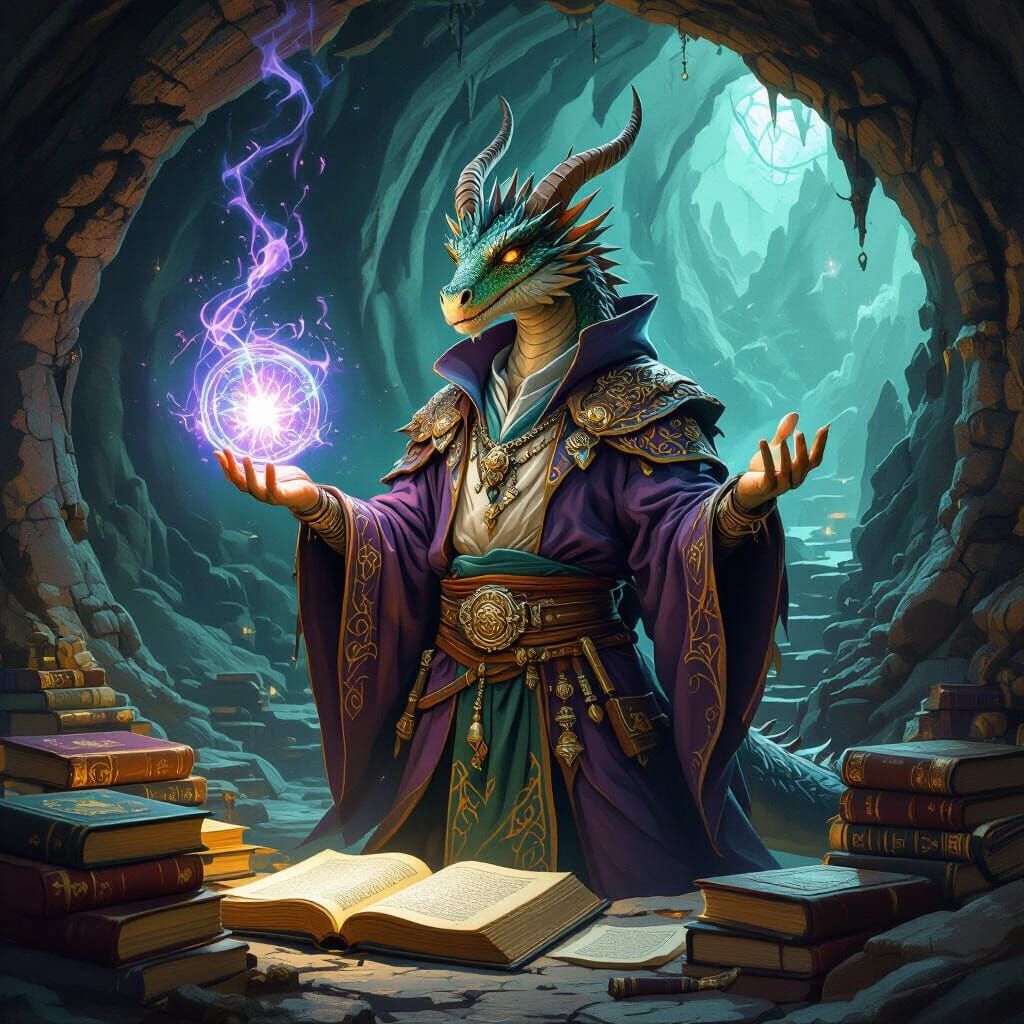 Mystical Dragon Wizard in Cave Chamber
