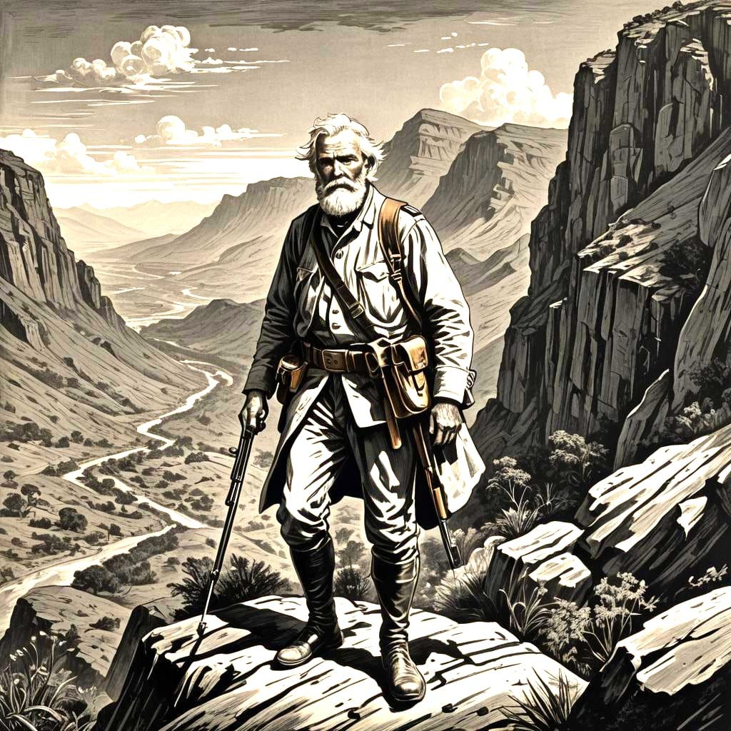 Allan Quatermain: Woodcut Portrait on a Mountain