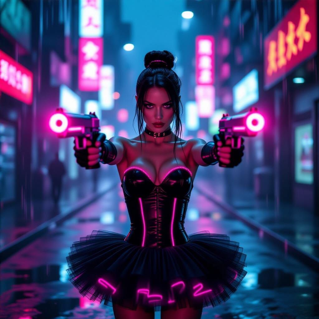 Cyberpunk Gun Girl in Neon City