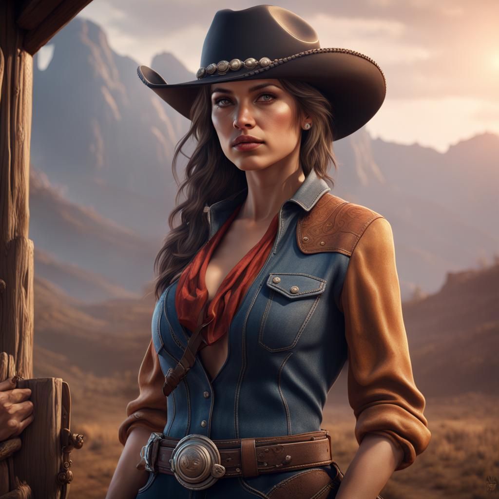 Beautiful Woman with Cowboy Hat in Detailed Painting