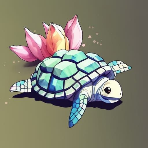Adorable Tulip Turtle with Gem Shell in Ghibli Style