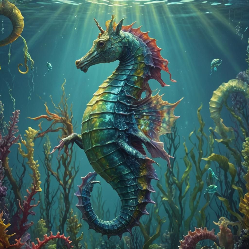 Human-Seahorse Hybrid in Surreal Underwater Scene