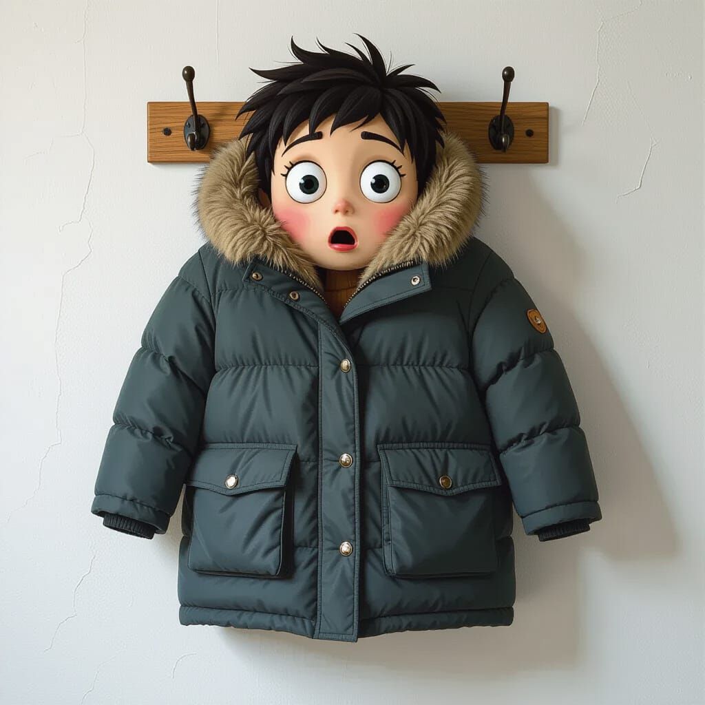 Surprised Coat Rack with Winter Coat, Cartoon Style