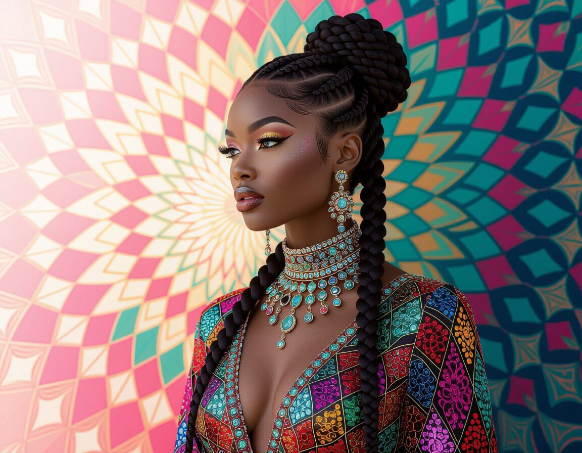 Elegant Woman in Stained Glass Dress, Photorealistic