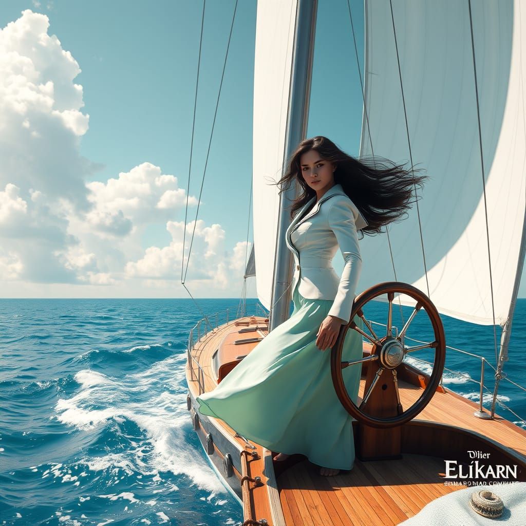 Majestic Sailing Yacht at Sea with Dark-Haired Beauty at the...