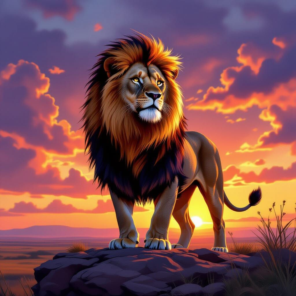 Majestic Lion Overlooking Savanna Sunset