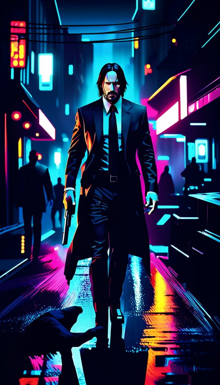 John Wick in Dark Cyberpunk Street Scene