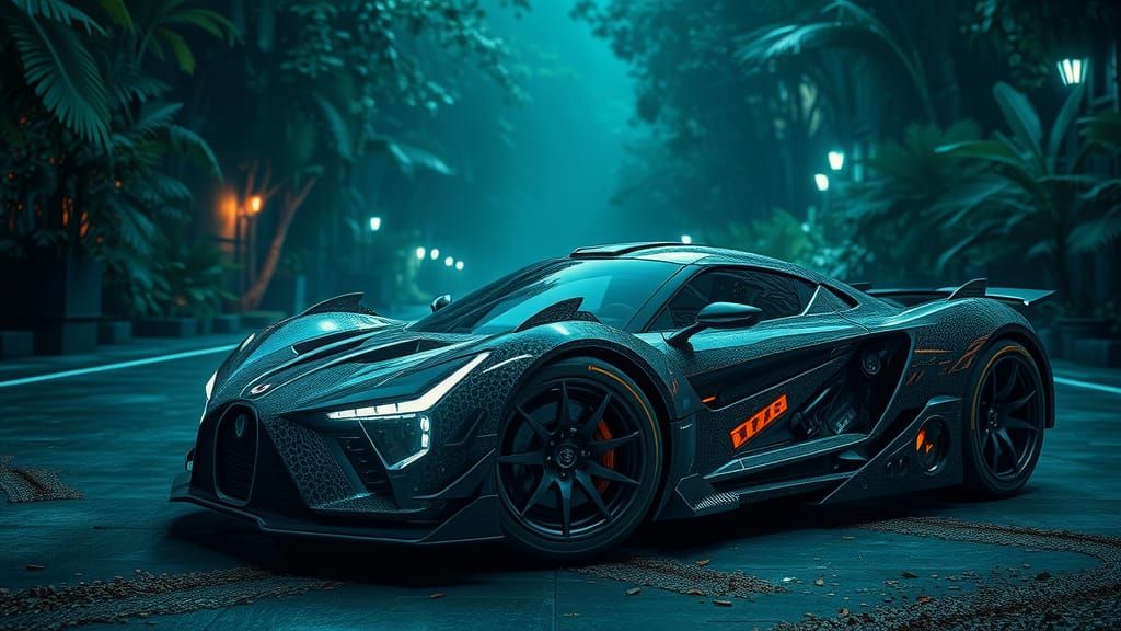 Cyberpunk Biomechanical Hypercar in Lush Jungle