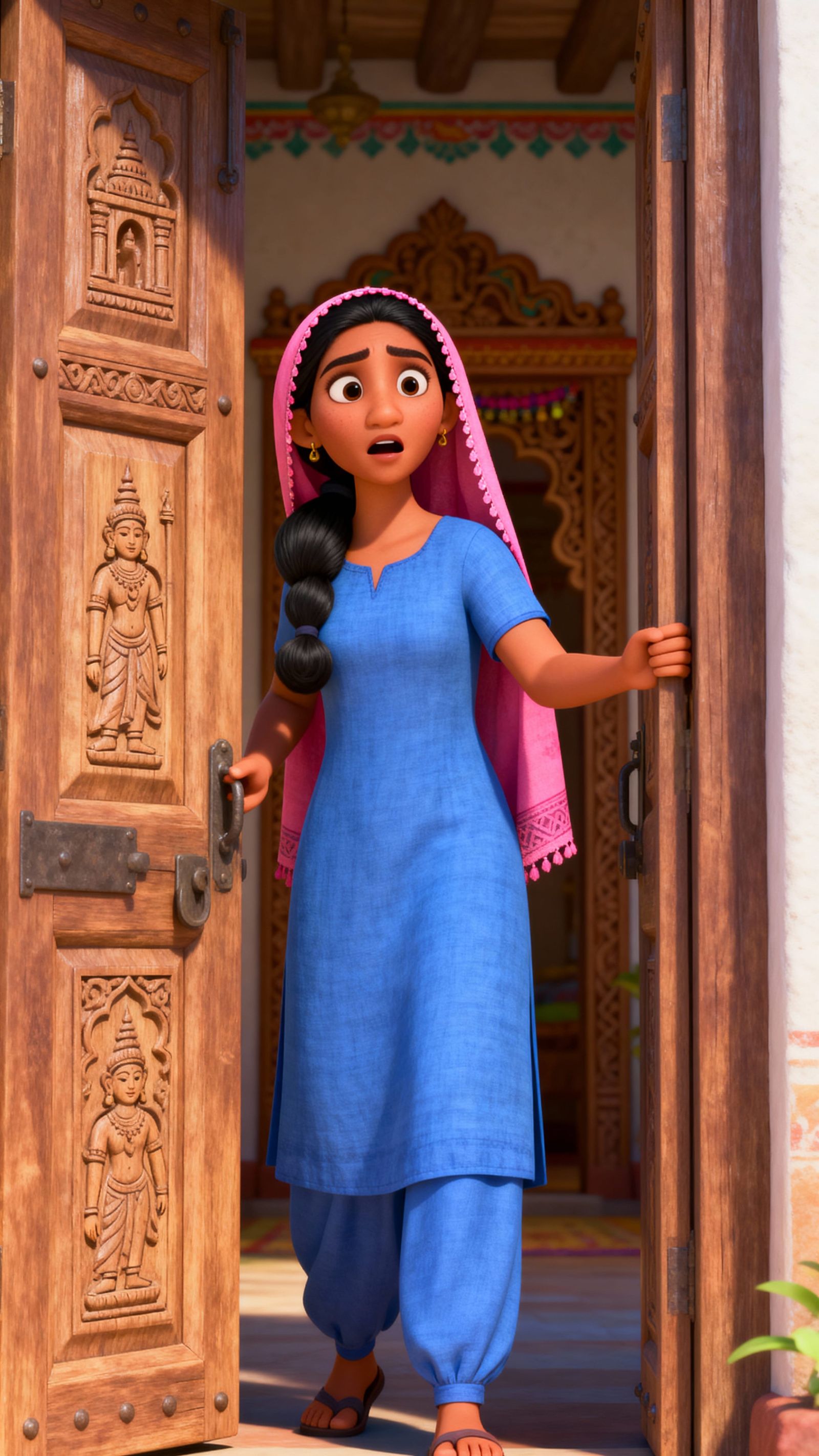 Woman in Indian Doorway, 3D Cartoon Style