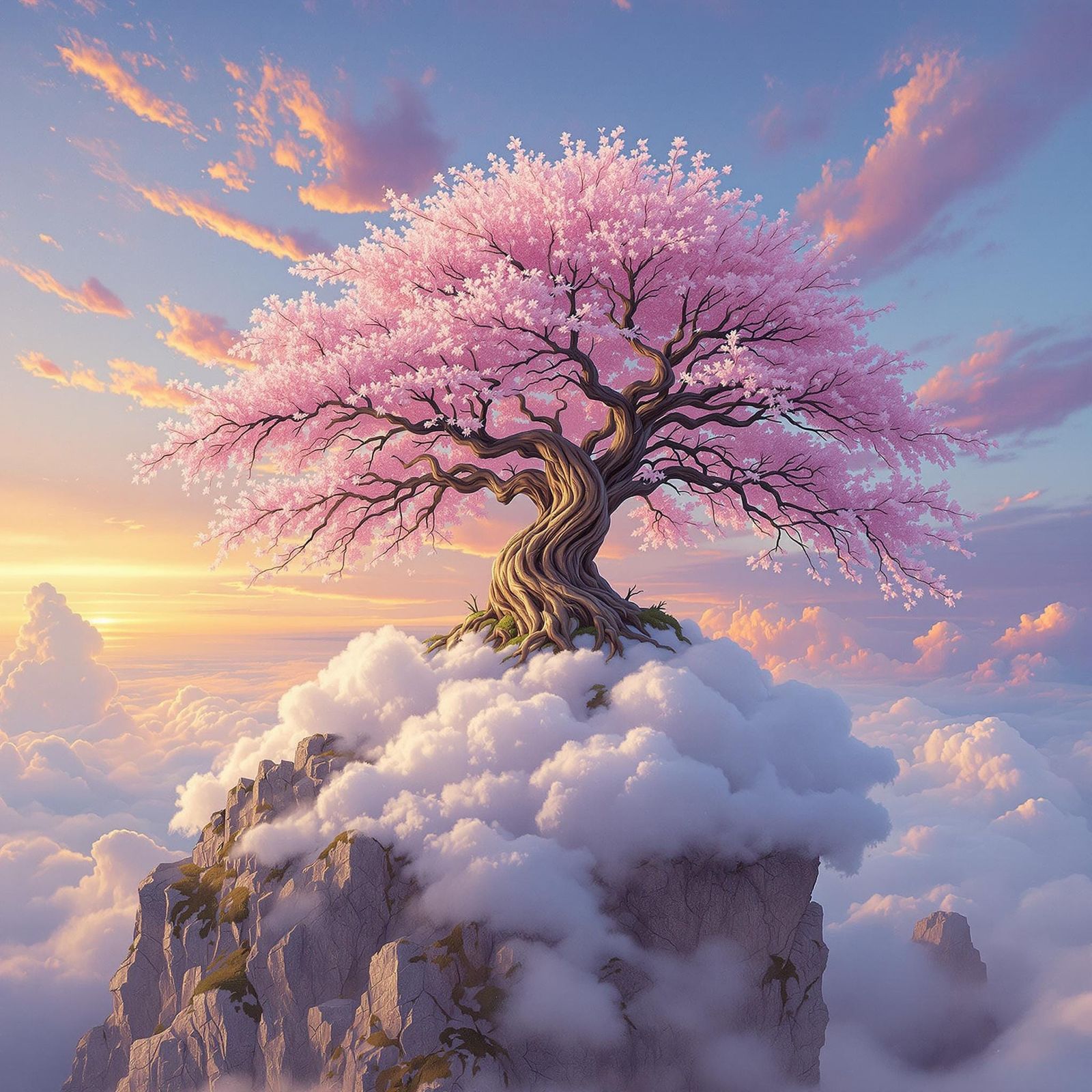 Pink Blossom Tree on Cloud in Dreamy Landscape