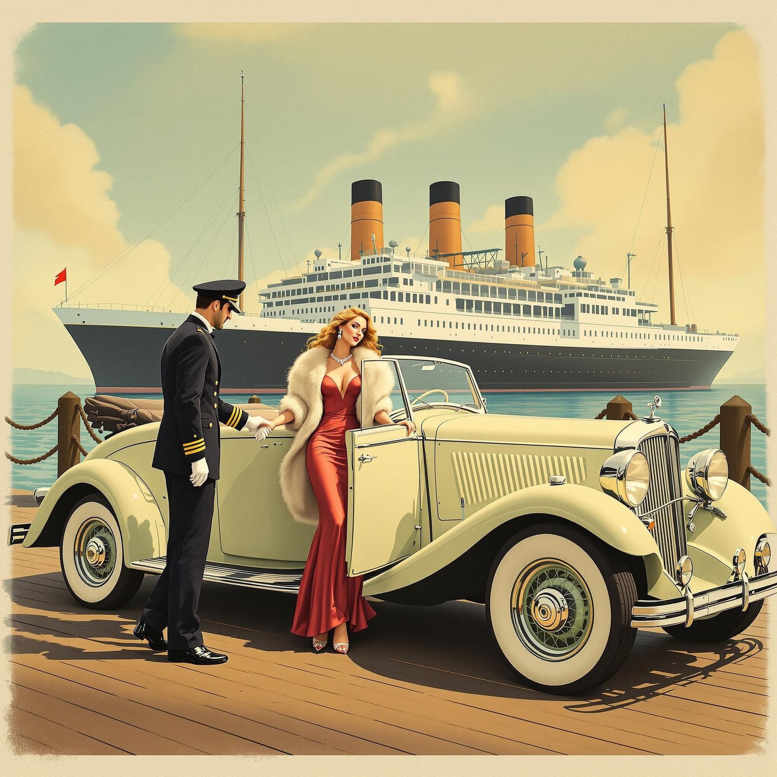 1930s Travel Poster: Cabriolet and Ocean Liner