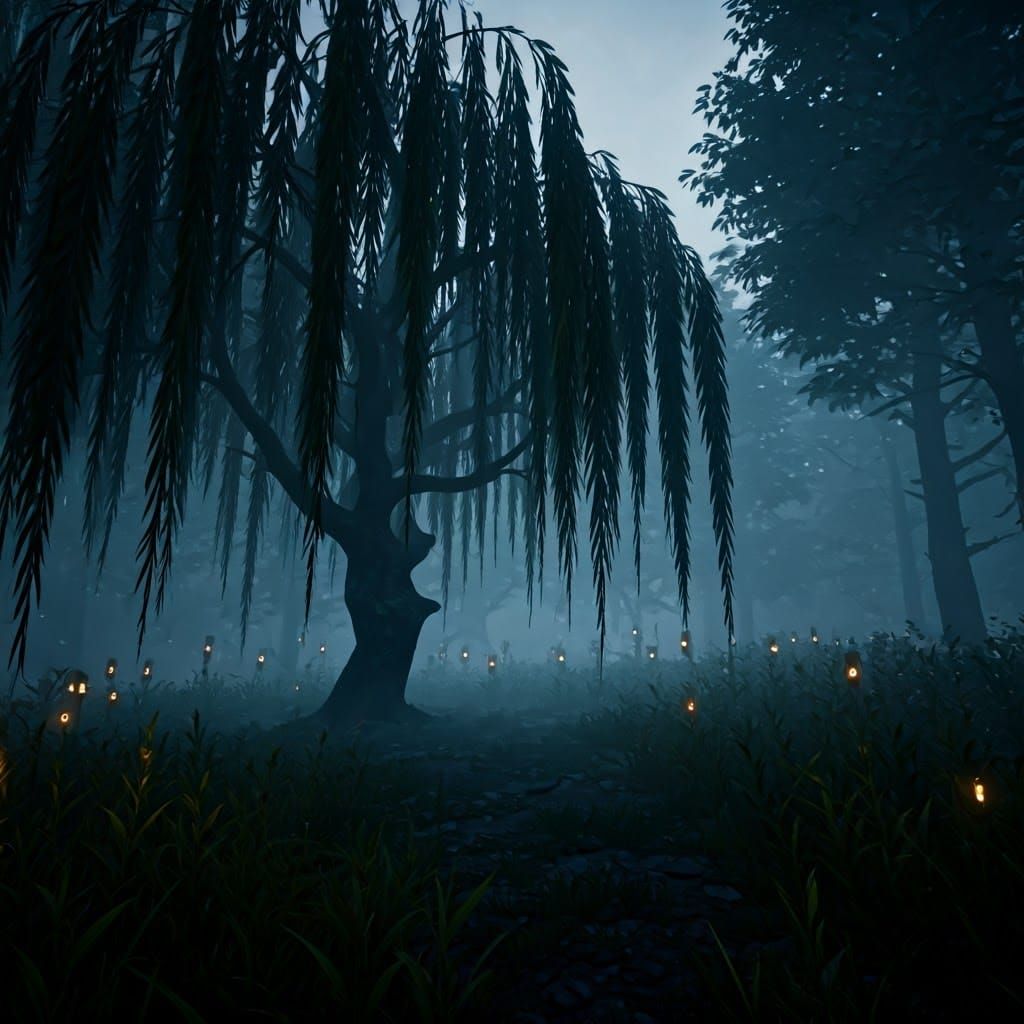 Lantern-Lit Willow Tree in Misty Forest