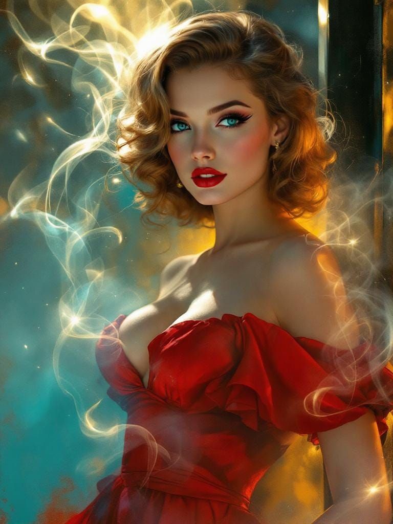 Ethereal Pin-Up Woman in Red Dress with Smoky Overlay