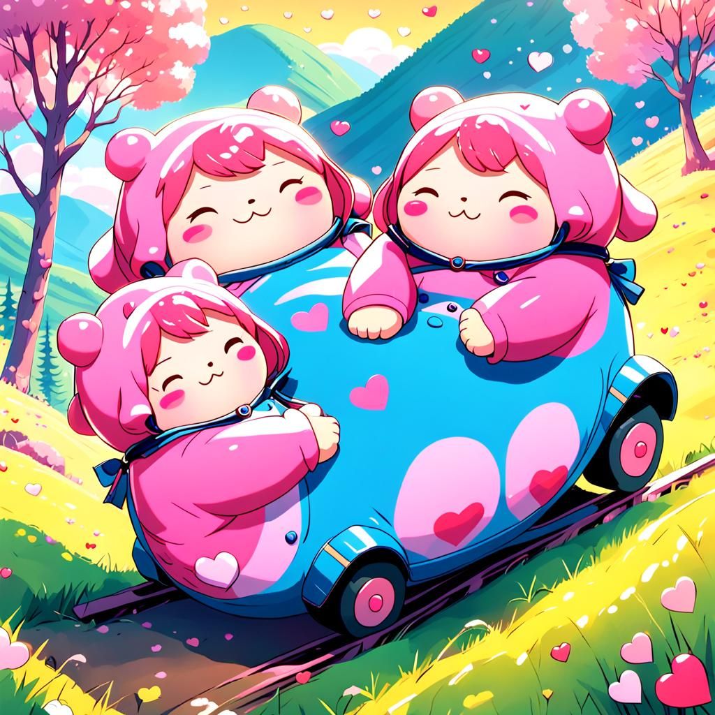Whimsical Anime Poring Friends Sliding Down a Hill