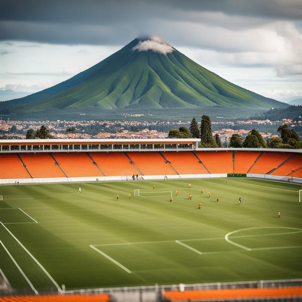 Vibrant Soccer Stadium "La Orange" with Volcanic Backdrop