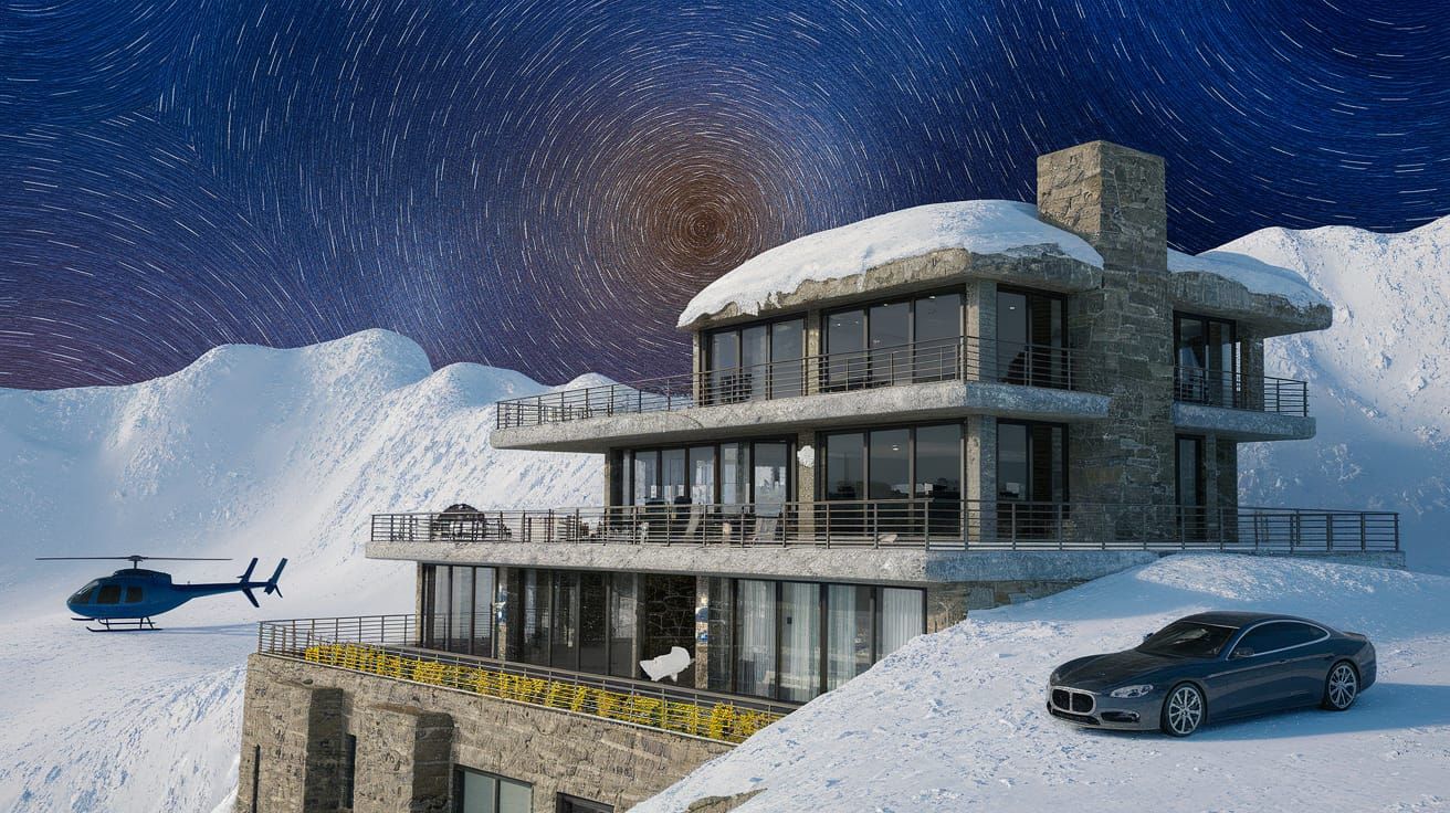 Modern Snowy Mountain House with Helicopter and Pool in Oil ...