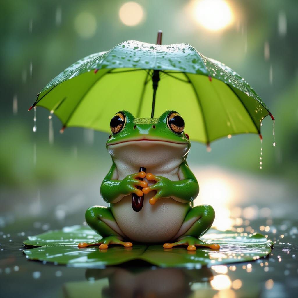 Charming Frog Shelters From Rain With Leaf Umbrella