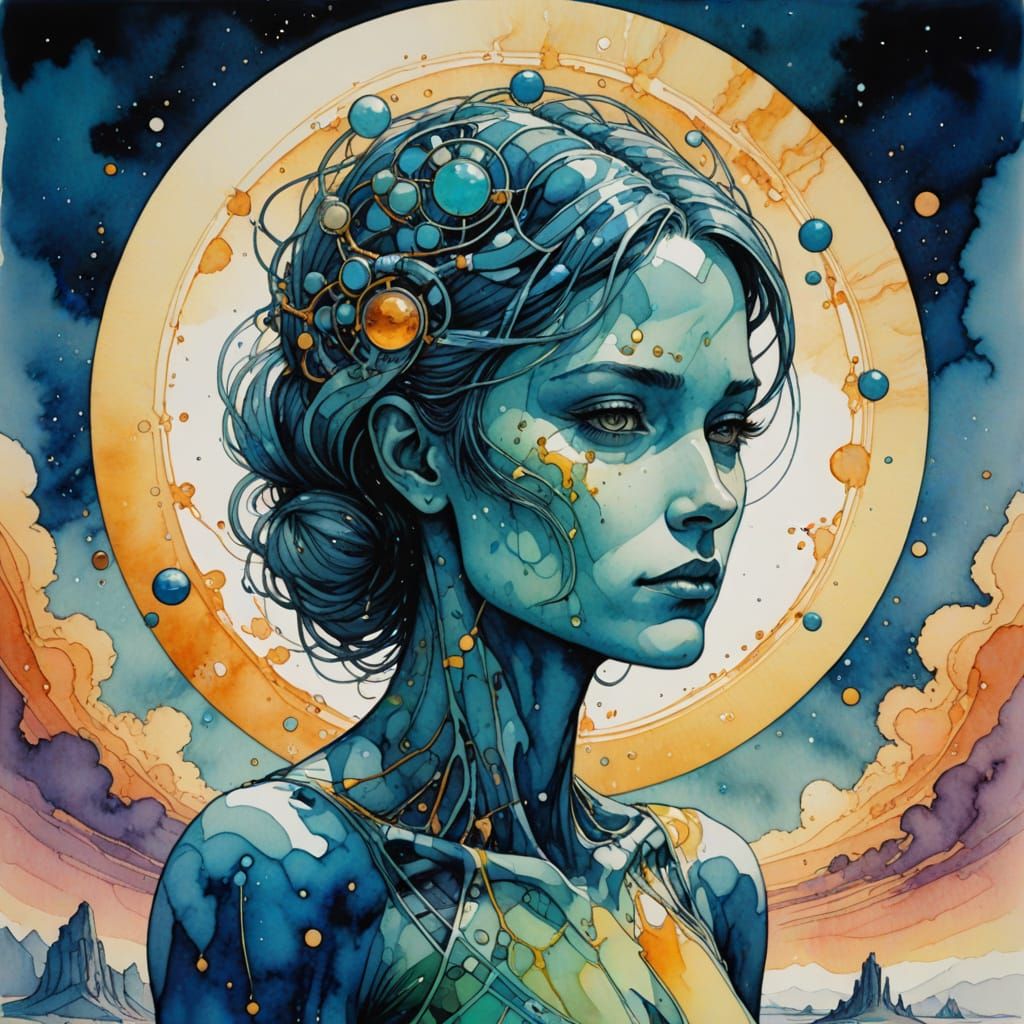 Serotonin and Desire in Moebius Style Watercolor