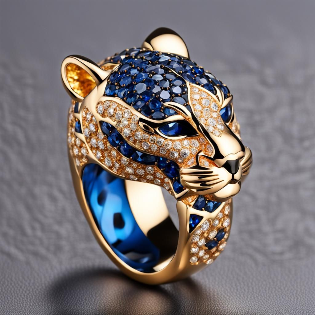 Leopard Ring with Gold Diamonds and Sapphires