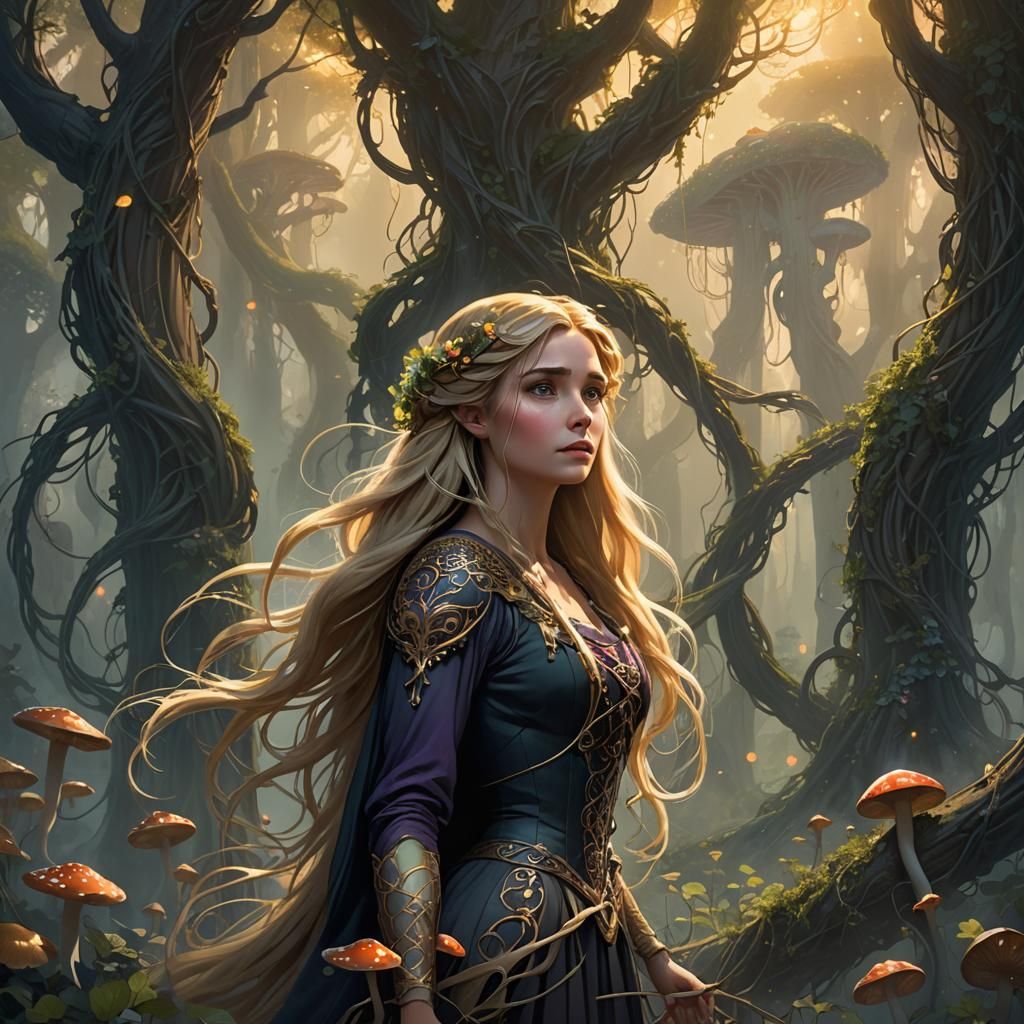 Rapunzel in Mystical Forest: Dark Fantasy Art