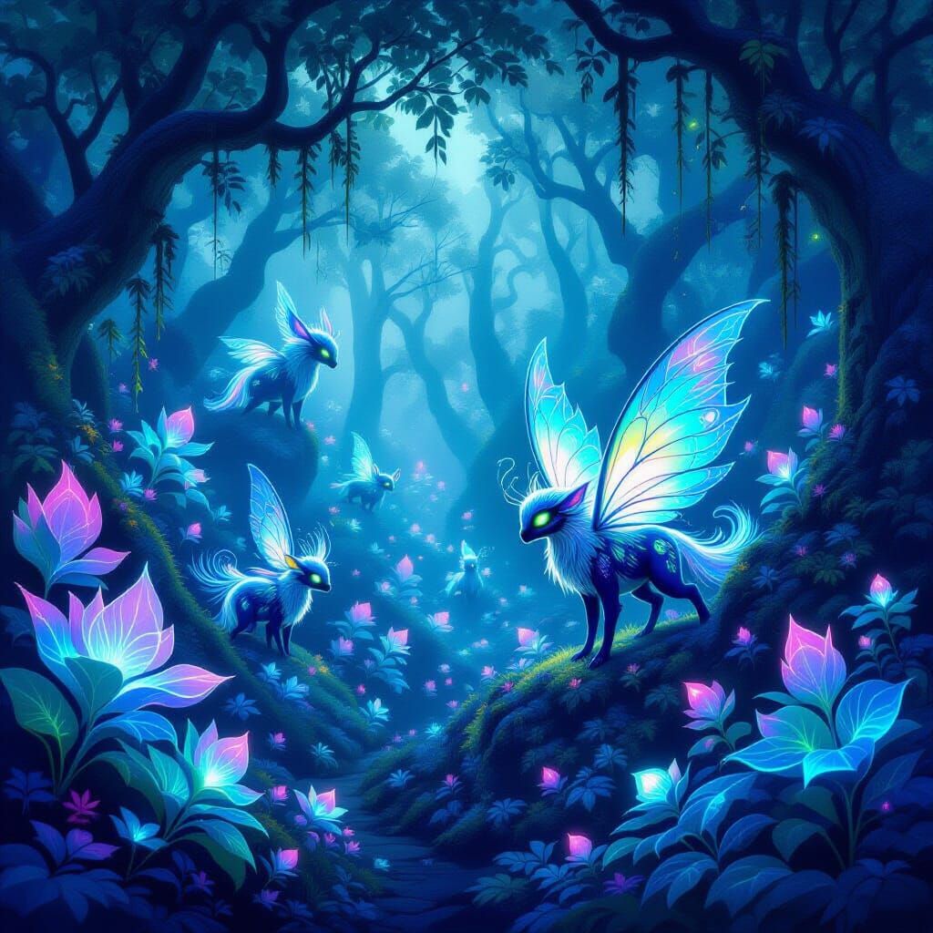 Whimsical Enchanted Forest with Fantastical Creatures and Gl...