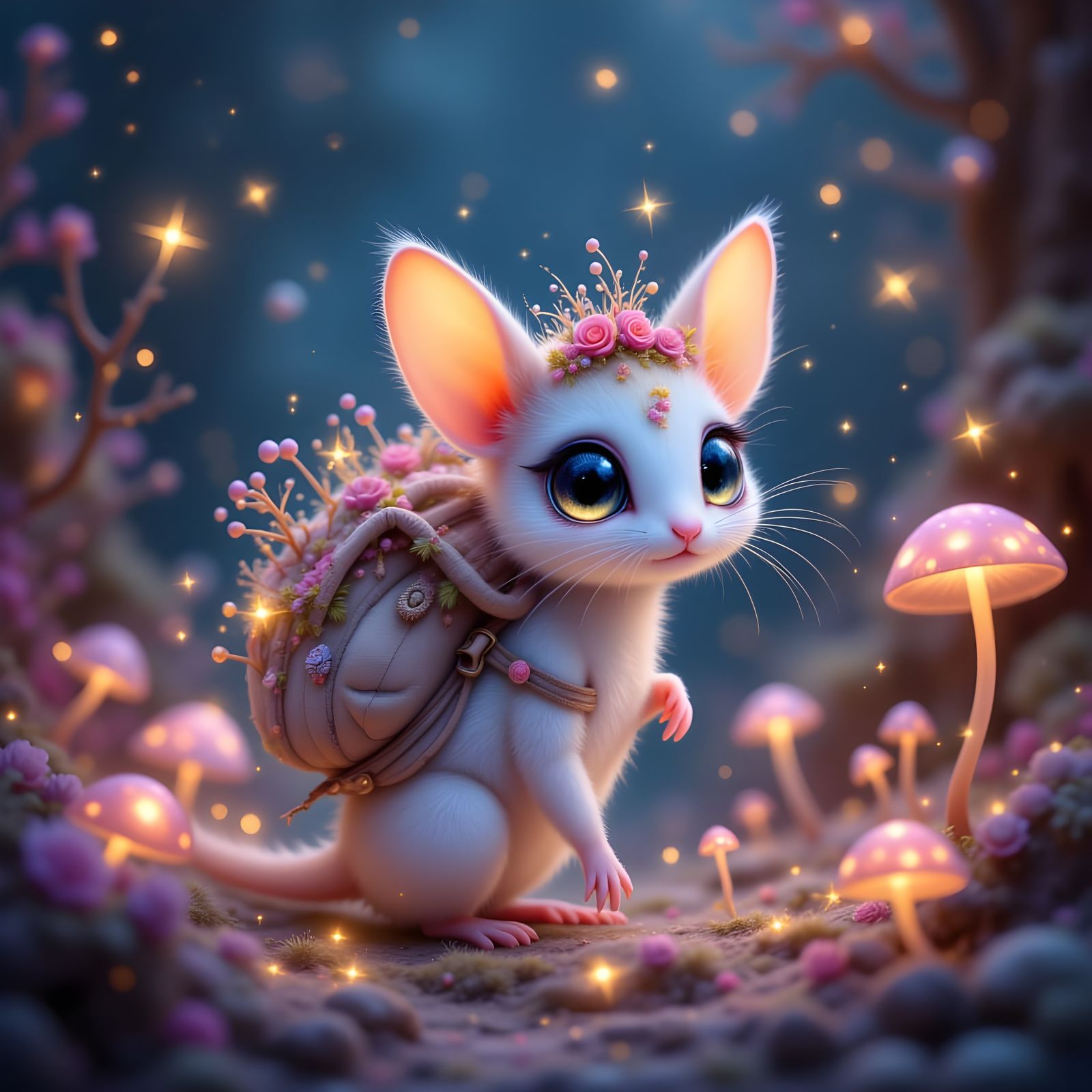 Happy Mouse Rides Kitten Through Glowing Mushroom Forest