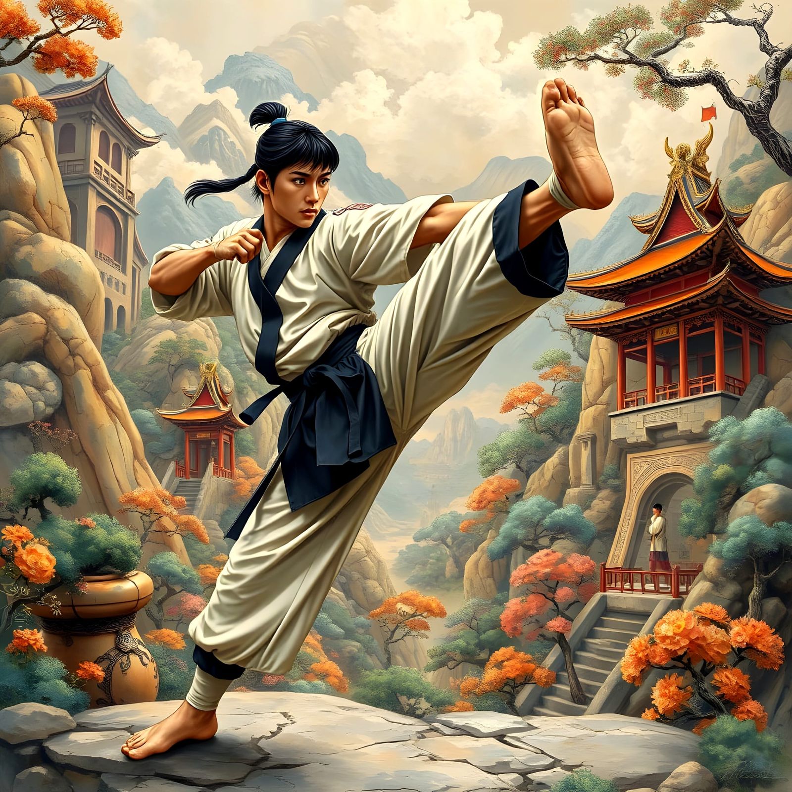 Dynamic Martial Artist in Asian Landscape, Anime Style