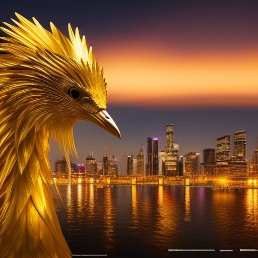 Golden Crane at Night in Ghibli Style