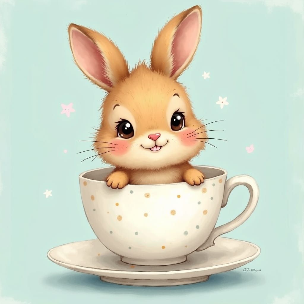 Adorable Fluffy Rabbit in Teacup, Whimsical Painterly Style
