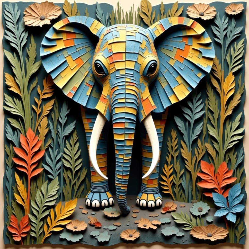 Elephant in Jungle: Art Brut Paper Cut Style