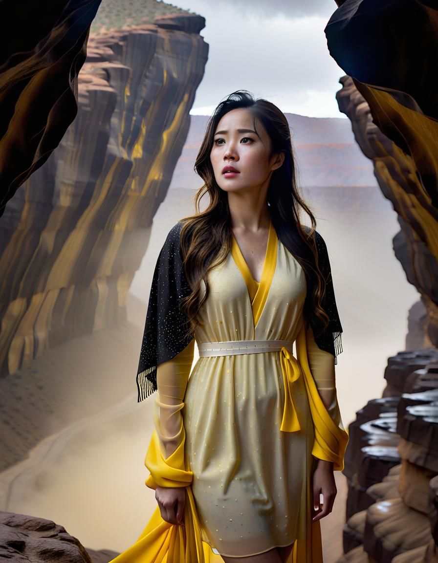 Chiaroscuro Oil Painting of a Sad Woman in Desert