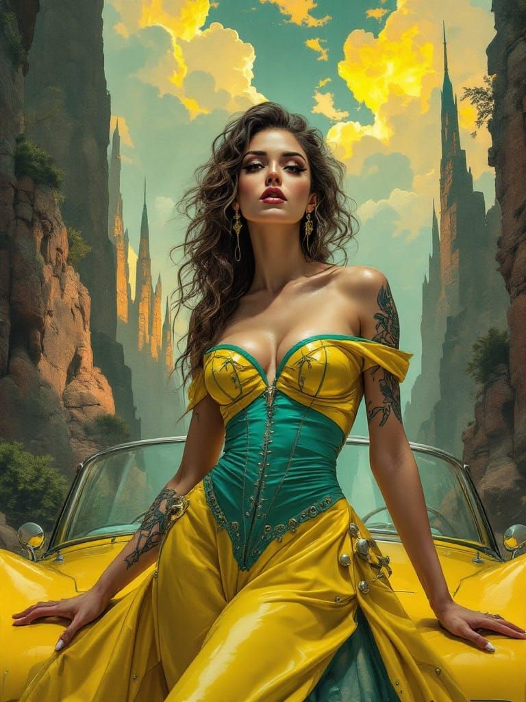 Cyberpunk Goddess in Retro Convertible, Soft Focus Oil Paint...