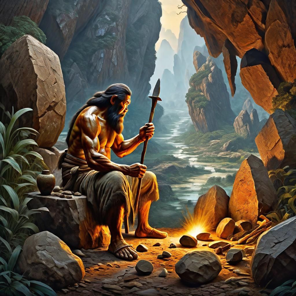 Caveman Crafts Stone Tools with Intricate Detail