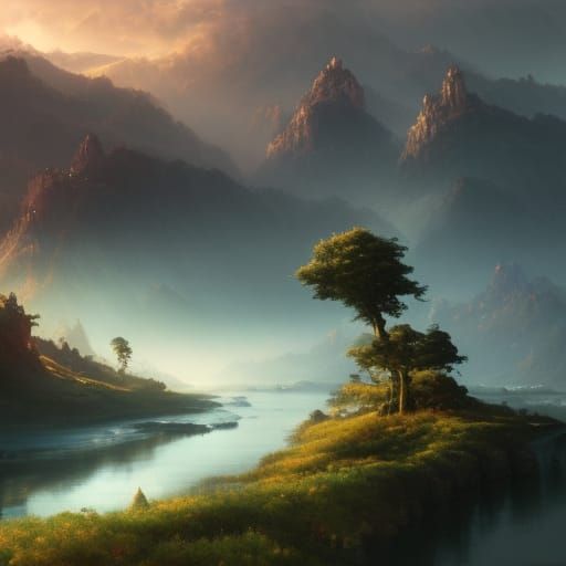 Epic Tree on Hill: Cinematic Digital Painting