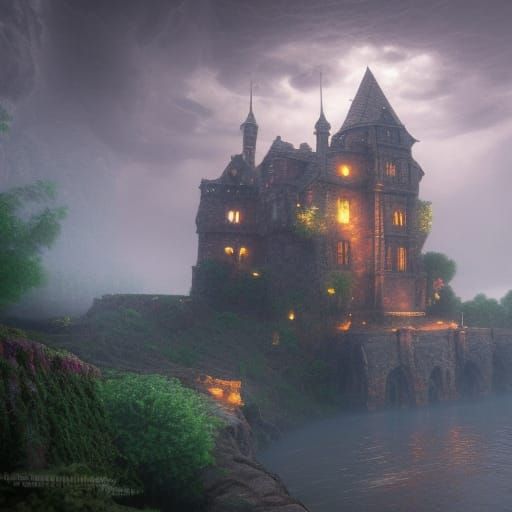 Hyperrealistic Castle in a Raindrop: Matte Painting