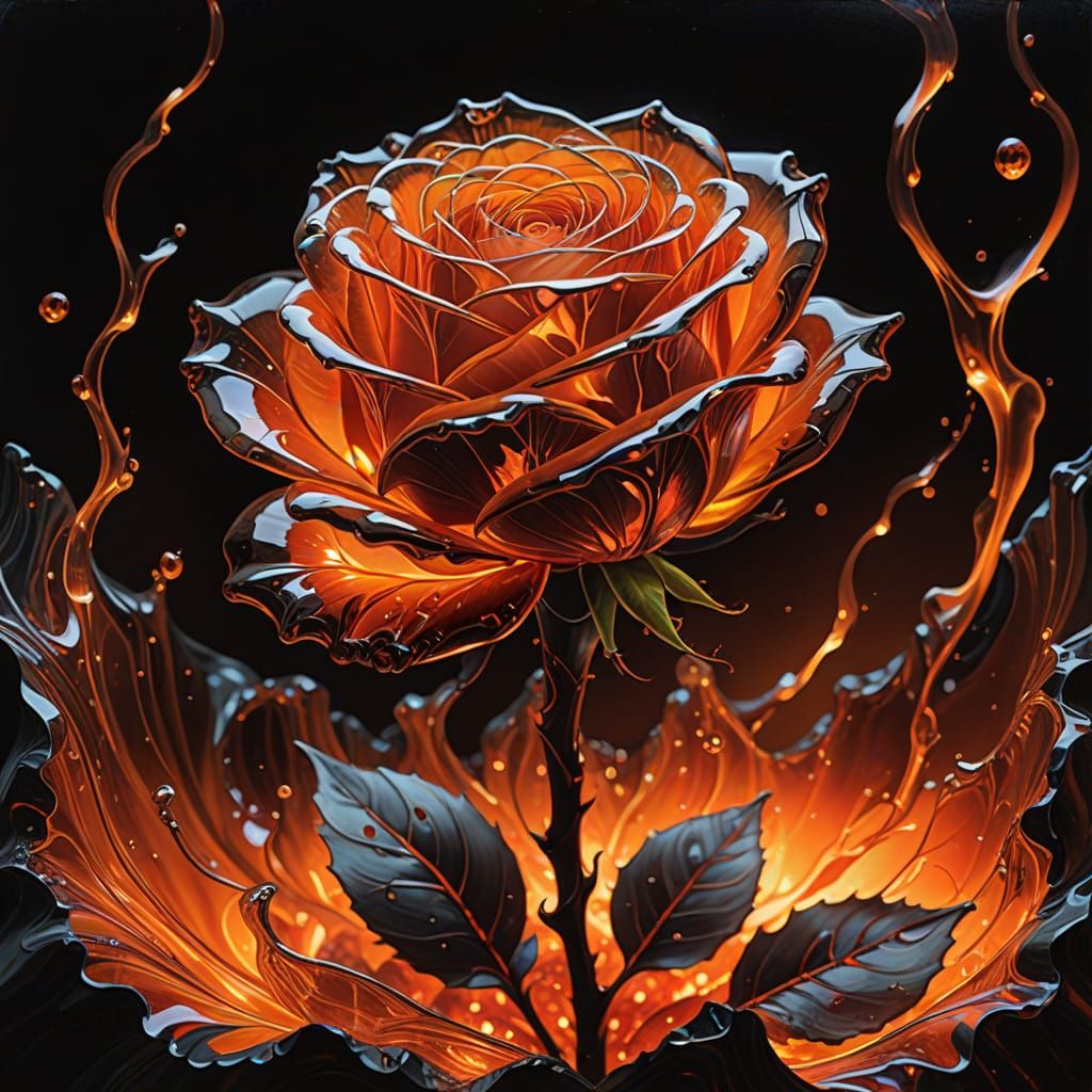 Glass Rose Blooms in Molten Lava, Surreal Oil Painting