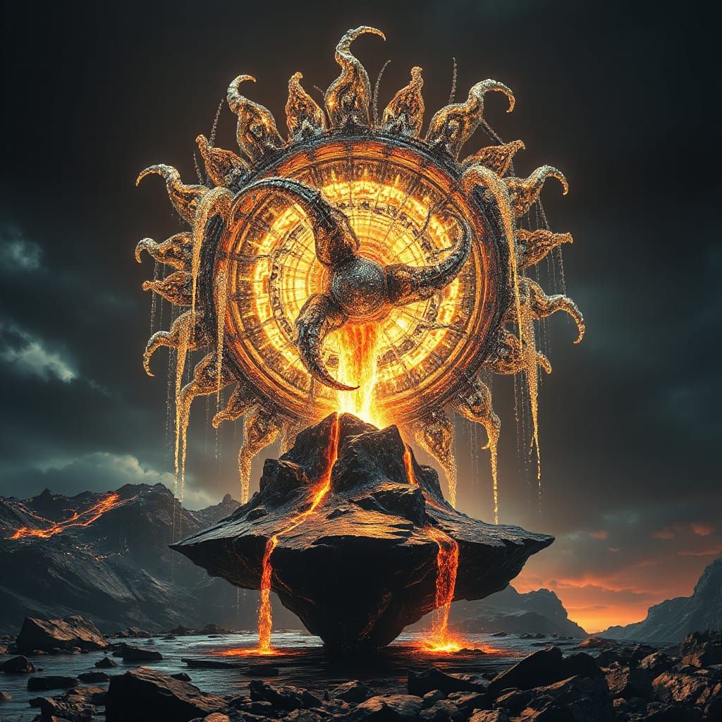 Iridescent Biomechanical Entity Unfolds on Levitating Obsidi...