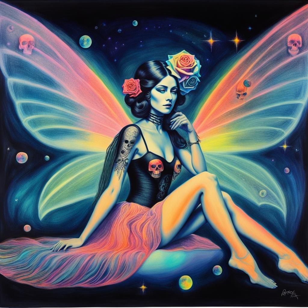 Surreal Crayon Drawing of Goth Woman with Fairy