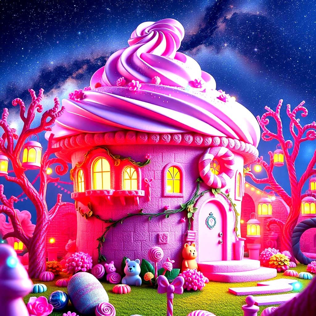 Whimsical Cupcake House in Vibrant Fantasy Landscapes
