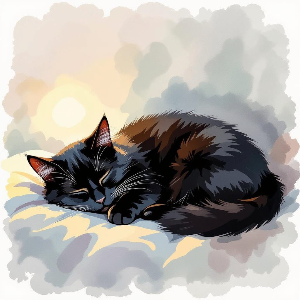 Watercolor Black Cat Sleeping in Soft Light