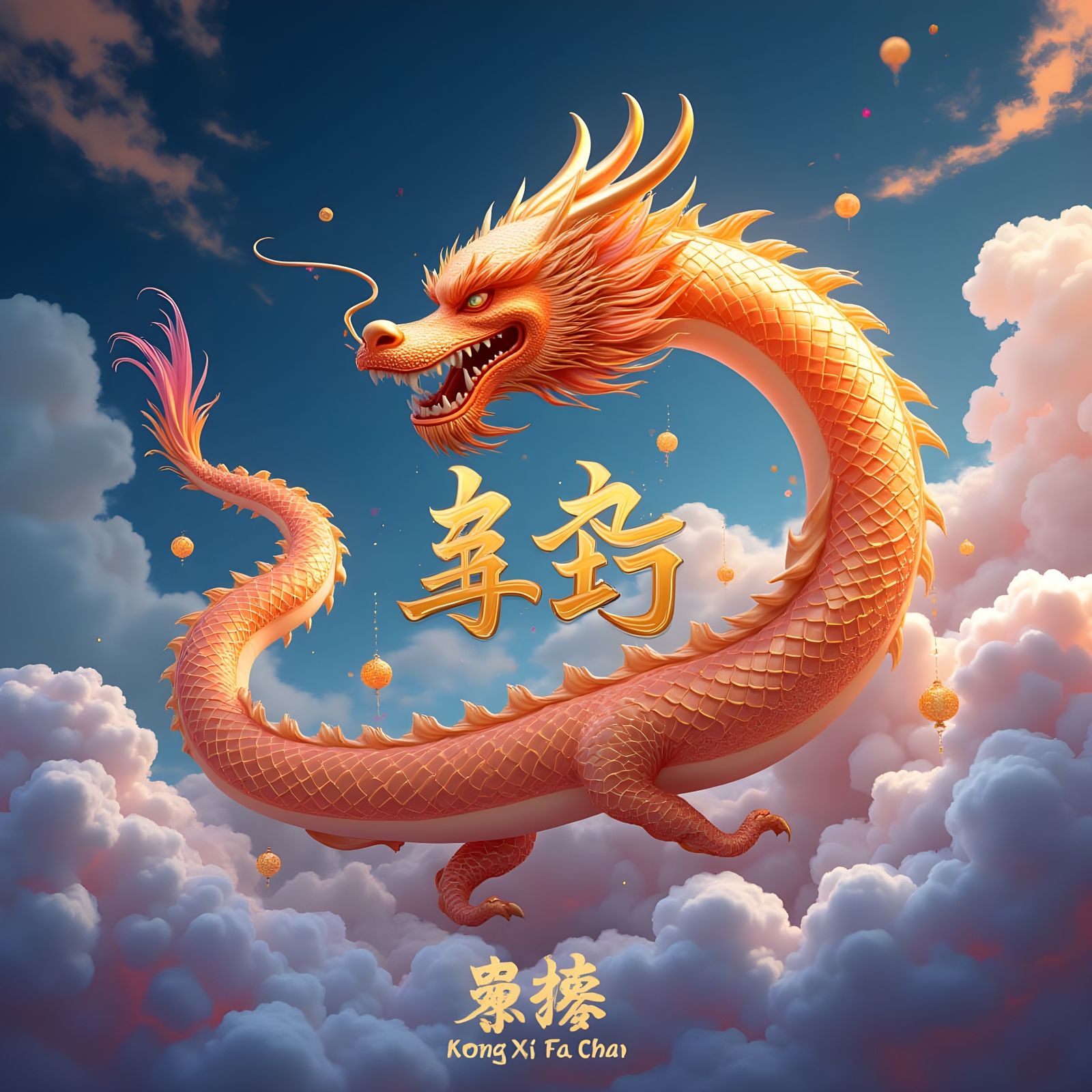 Celebratory Kong Xi Fa Chai Scene in Vibrant Red and Gold