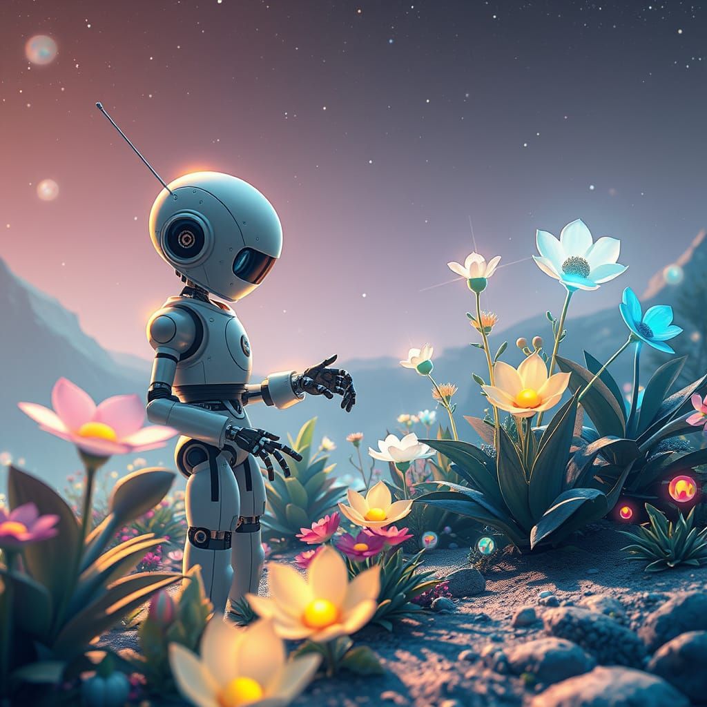 Whimsical Robot Tends Vibrant, Bioluminescent Garden on Dist...