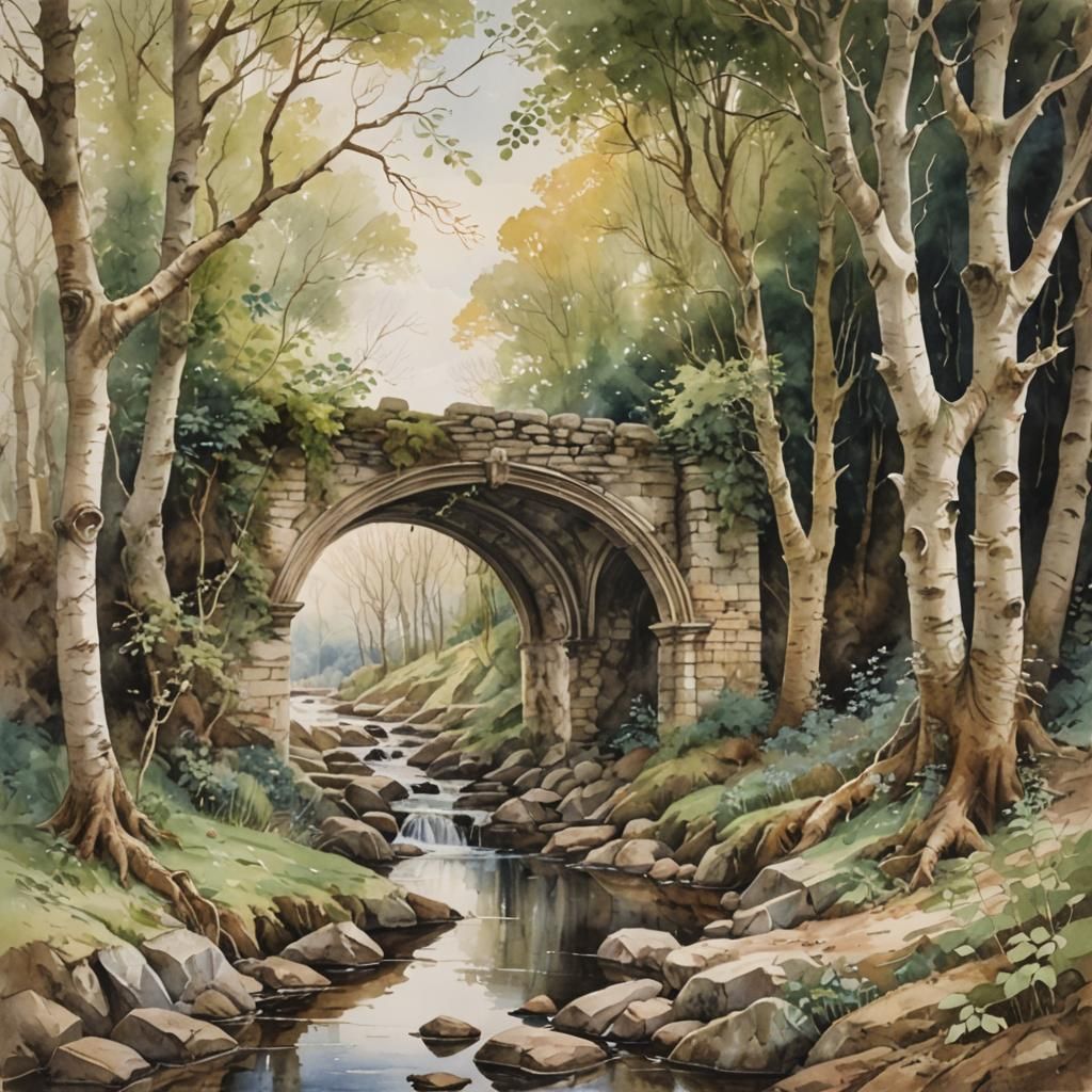 Victorian Watercolour Painting of Stream in Birch Wood