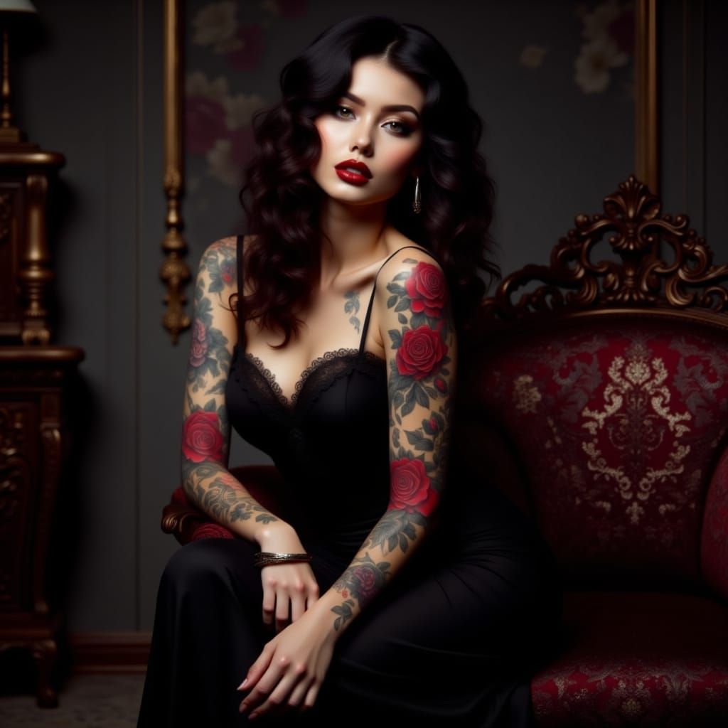 Rose Tattoo Lady in Alphonse Mucha Style