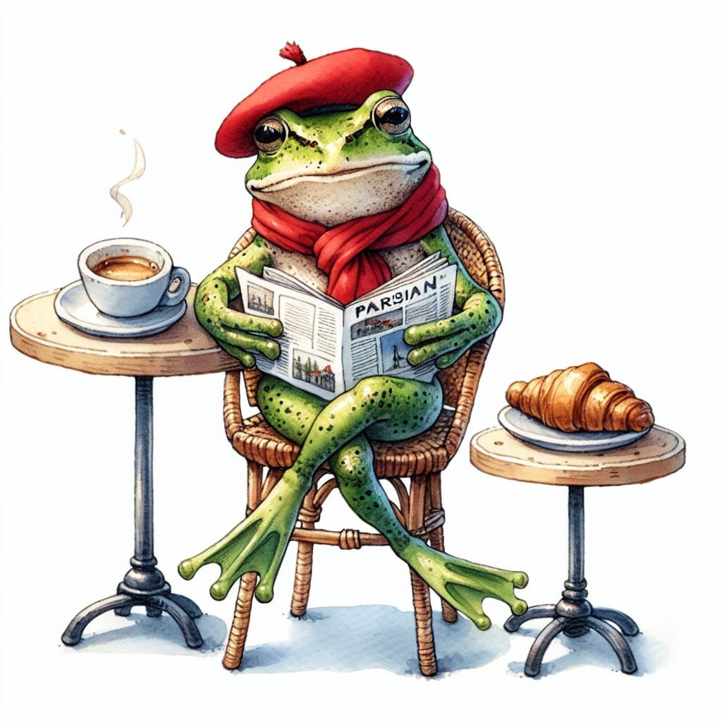 Frog in Paris Cafe: Cheerful Watercolor Illustration