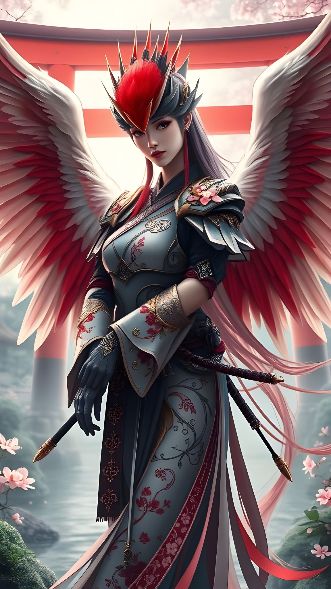 Ethereal Warrior maiden in Kimono Armor with Red-Crowned Cra...