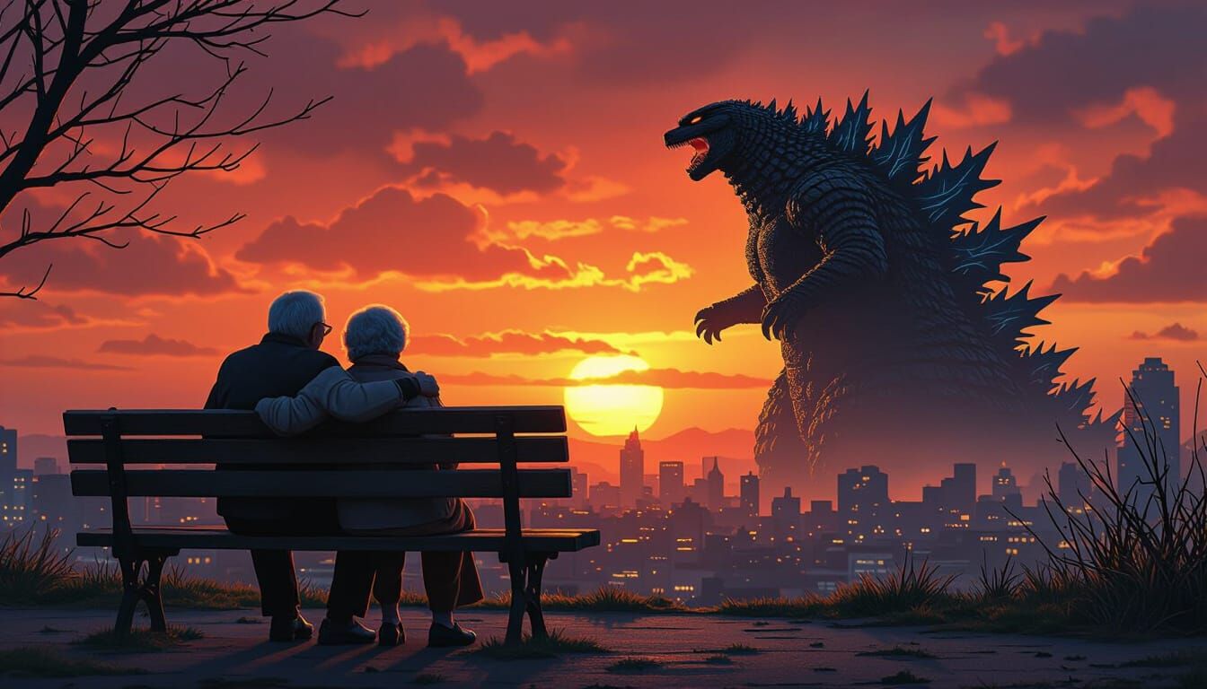 Elderly Couple Embrace Sunset Over Kaiju-Infested City